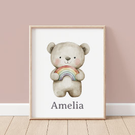 Niedlicher Bär mit einem Boho Rainbow Baby-Namen Poster