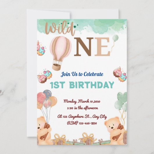 niedlicher Bär mit farbigem Ballon zum 1. Geburtst Einladung (Vorderseite)