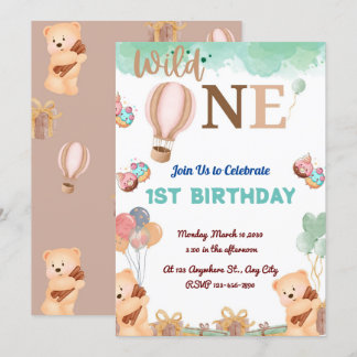 niedlicher Bär mit farbigem Ballon zum 1. Geburtst Einladung