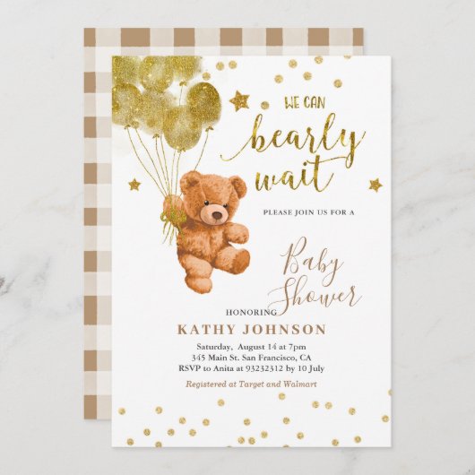 Niedlicher Bär mit Gold Balloon Baby Dusche Einlad Einladung (Vorne/Hinten)