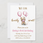 Niedlicher Bär mit rosa Balloons | Einladung zum G (Vorderseite)