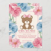 Niedlicher Bär mit rosa Bogen in Rose Babydusche Einladung (Vorne/Hinten)