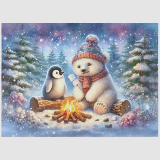 Niedlicher Bär & Pinguin Winterwald Kunst Entdecku Seidenpapier (Vorderseite)