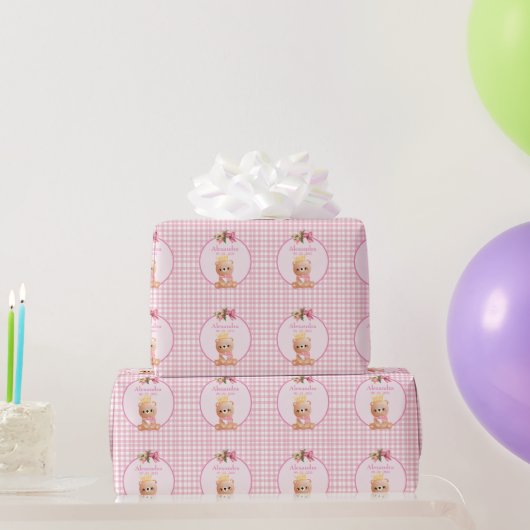 Niedlicher Bär Pink Gingham Personalisiert Girls G Geschenkpapier (Partygeschenke)