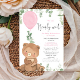 Niedlicher Bär Rosa Ballon Grün Mädchen Dusche Einladung