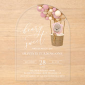 Niedlicher Bär, rosa Balloons, erster Geburtstag Acryleinladungen (Vorderseite)