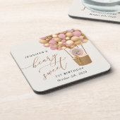 Niedlicher Bär, rosa Balloons, erster Geburtstag Getränkeuntersetzer (Linke Seite)