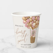 Niedlicher Bär, rosa Balloons, erster Geburtstag Pappbecher (Vorderseite)