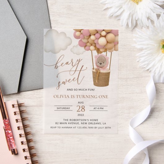 Niedlicher Bär, rosa Balloons, erster Geburtstag Pergament Einladungen (Hochzeit)