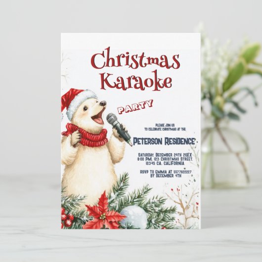 Niedlicher Bär Singen Weihnachten Karaoke Party Einladung (Stehend Vorderseite)