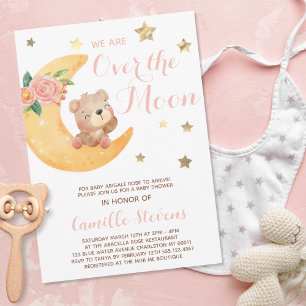 Niedlicher Bär über dem Mond BabyduschGirl Einladung