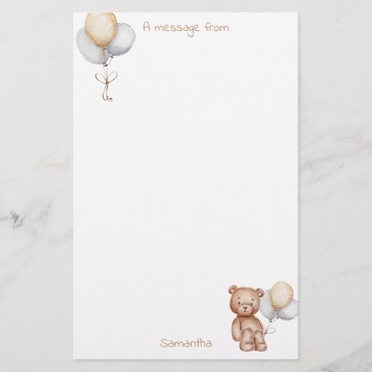 Niedlicher Bär und Balloons Gold Silver Custom Briefpapier (Vorderseite)