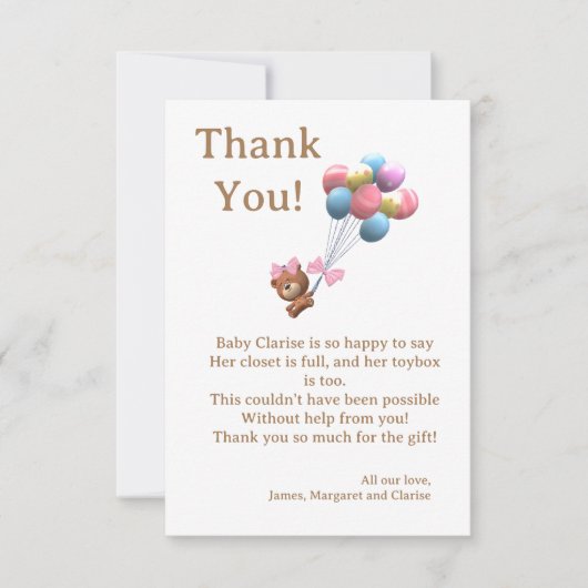 Niedlicher Bär und Balloons Theme Flat Danke Karte (Vorderseite)