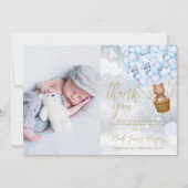 Niedlicher Bär und Blue Balloons Winter Baby Foto Dankeskarte (Vorderseite)