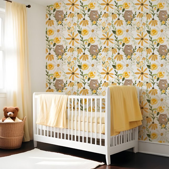 Niedlicher Bär und süße Honigbiene Gelbe Wildblume Tapete (Cute Bear & Sweet Honey Bee Yellow Wildflower Wallpaper)