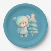 Niedlicher Bär und Weihnachtsbaum Aquamariner Urla Pappteller (Vorderseite)