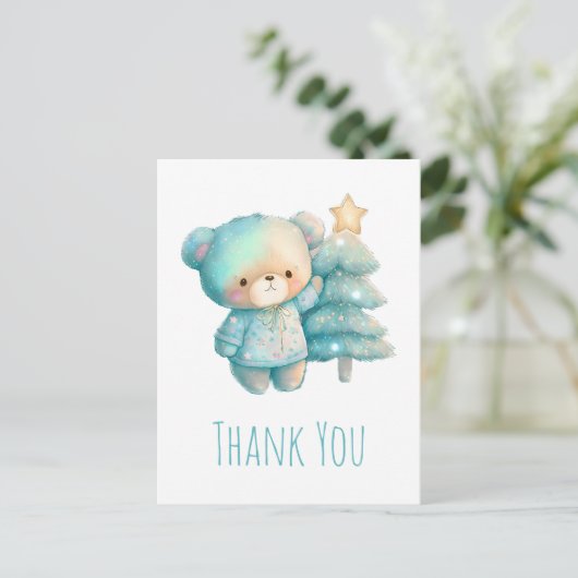 Niedlicher Bär und Weihnachtsbaum Danke Postkarte (Stehend Vorderseite)