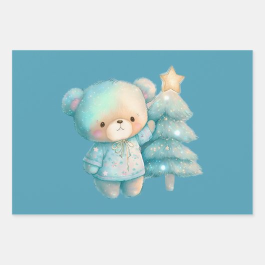 Niedlicher Bär und Weihnachtsbaum Urlaub Geschenkpapier Set (Vorderseite)
