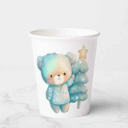 Niedlicher Bär und Weihnachtsbaum Urlaub Pappbecher (Rückseite)