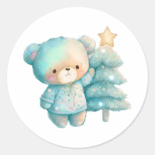 Niedlicher Bär und Weihnachtsbaum Urlaub Runder Aufkleber