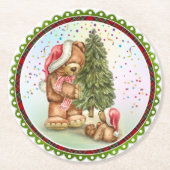 Niedlicher Bär Weihnachtsbaum Konfetti Urlaub Runder Pappuntersetzer (Vorderseite)