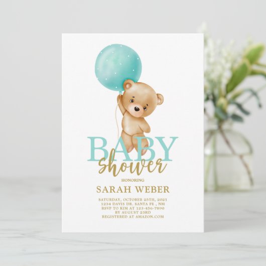 Niedlicher Bärenballon Babydusche Einladung (Stehend Vorderseite)