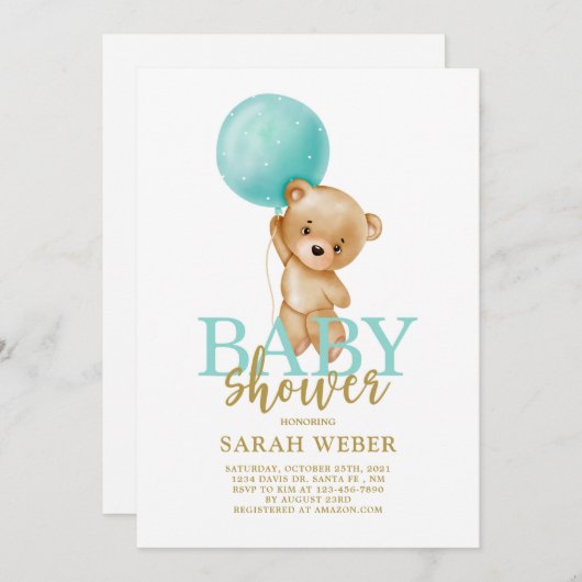 Niedlicher Bärenballon Babydusche Einladung (Vorne/Hinten)