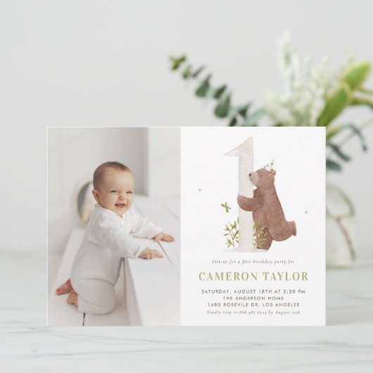 Niedlicher Bärenbär Foto Erstgeburt Einladung (Stehend Vorderseite)