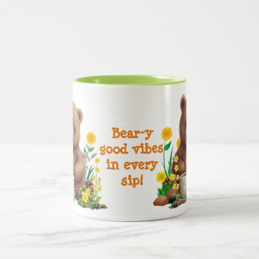 Niedlicher Bärenbläserbär y Good Vibes Zweifarbige Tasse (Mittel)