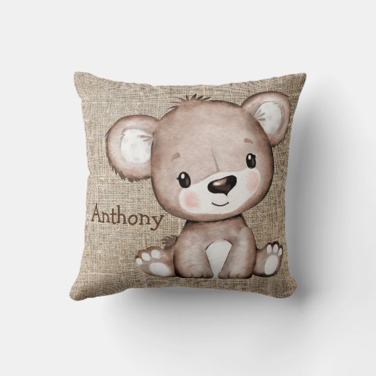 Niedlicher Bärenburlap Rustikaler Name Wasserfarbe Kissen (Rückseite)