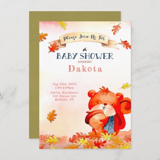 Niedlicher Bärenfall Herbst Kinderdusche Einladung (Vorne/Hinten)