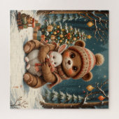 Niedlicher Bärenholz Bunny Nah Weihnachtsbaum Puzzle (Horizontal)