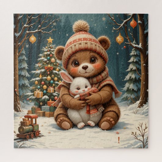 Niedlicher Bärenholz Bunny Nah Weihnachtsbaum Puzzle (Vertikal)