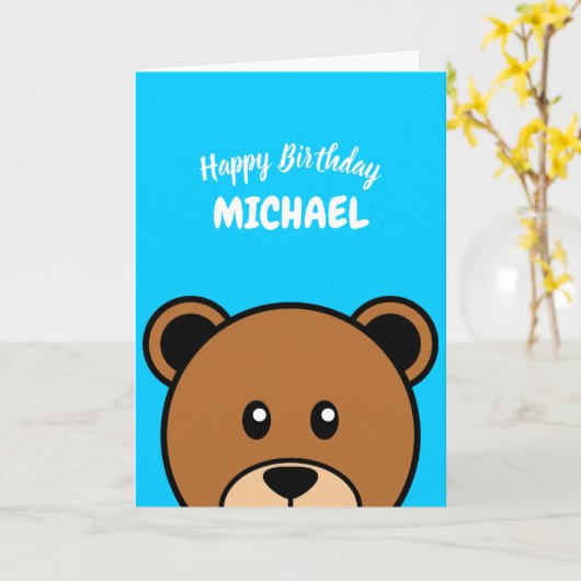 Niedlicher Bärenkopf | Einfaches Blue-Cartoon Karte (Gelbe Blume)