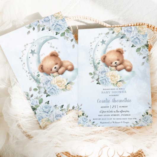 Niedlicher Bärenmoon Blue Floral Boy Babydusche Einladung
