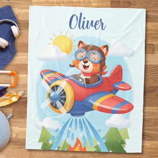 Niedlicher Bärenpilot im Feuerwehrflugzeug Fleecedecke