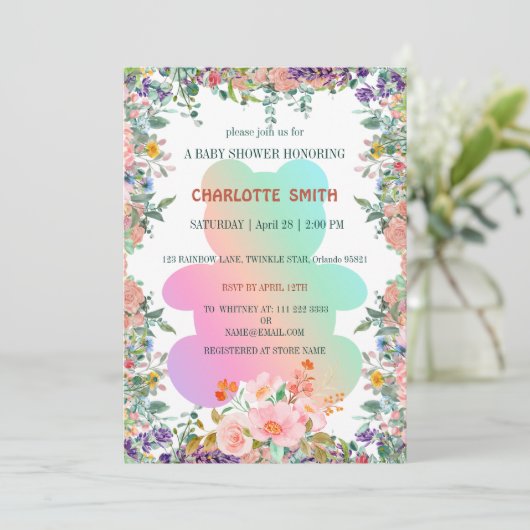 Niedlicher Bärenverlauf Blumendusche Blume Baby Einladung (Stehend Vorderseite)