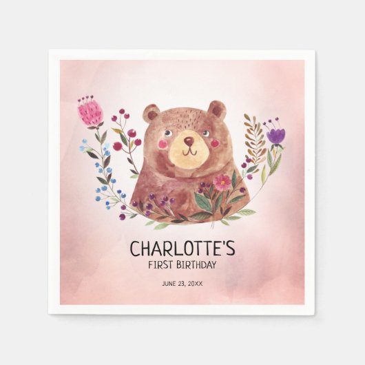 Niedlicher Bärn-und des Blumen-Kindes Geburtstag Serviette (Vorderseite)