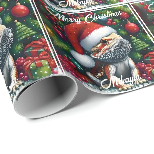 Niedlicher Bartdrache und Weihnachtsmannmütze Geschenkpapier (Rolleneckpunkt)