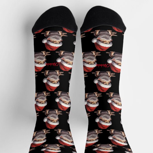 Niedlicher Bartdrache und Weihnachtsmannmütze Schw Socken (Oben)