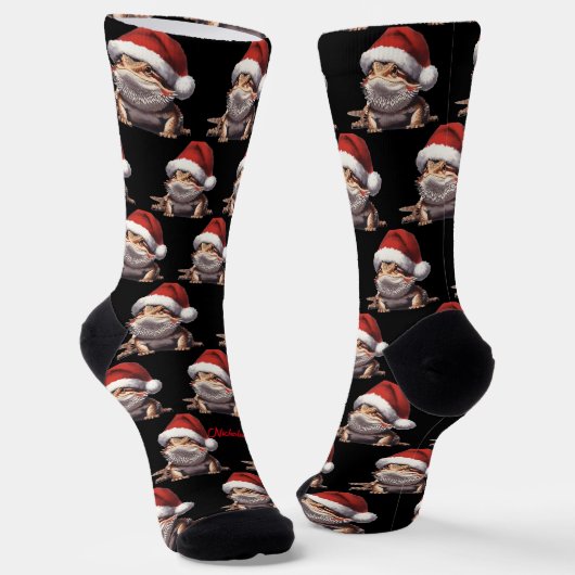 Niedlicher Bartdrache und Weihnachtsmannmütze Schw Socken (Gewinkelt)