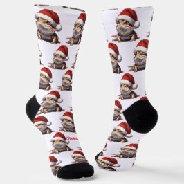 Niedlicher Bartdrache und Weihnachtsmannmütze Weiß Socken