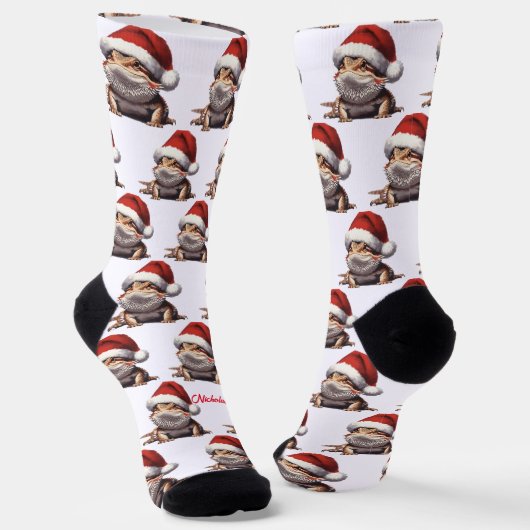 Niedlicher Bartdrache und Weihnachtsmannmütze Weiß Socken (Gewinkelt)