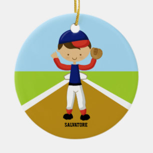 Niedlicher Baseball-Spieler in der roten u. blauen Keramikornament