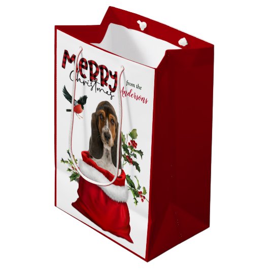Niedlicher Basset Hound Welpen Weihnachten Mittlere Geschenktüte (Vorderseite Schrägansicht)