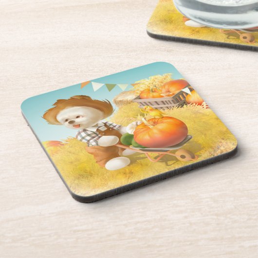 Niedlicher Bauer Hund mit Pumpkin Getränkeuntersetzer (Linke Seite)