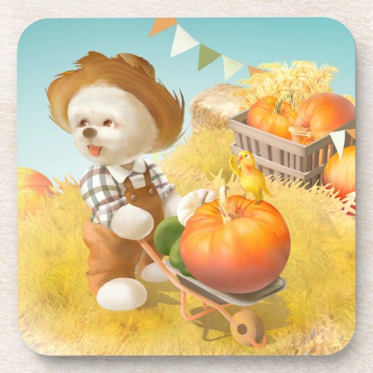 Niedlicher Bauer Hund mit Pumpkin Getränkeuntersetzer (Vorderseite)