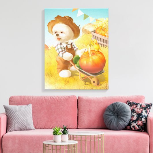 Niedlicher Bauer Hund mit Pumpkin Leinwanddruck (Insitu (Wohnzimmer))