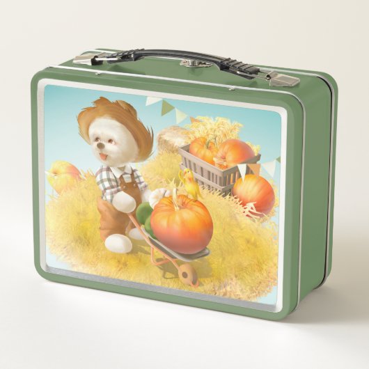 Niedlicher Bauer Hund mit Pumpkin Metall Brotdose (Rückseite)