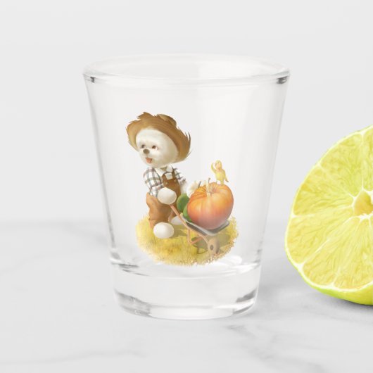 Niedlicher Bauer Hund mit Pumpkin Schnapsglas (Vorderseite)
